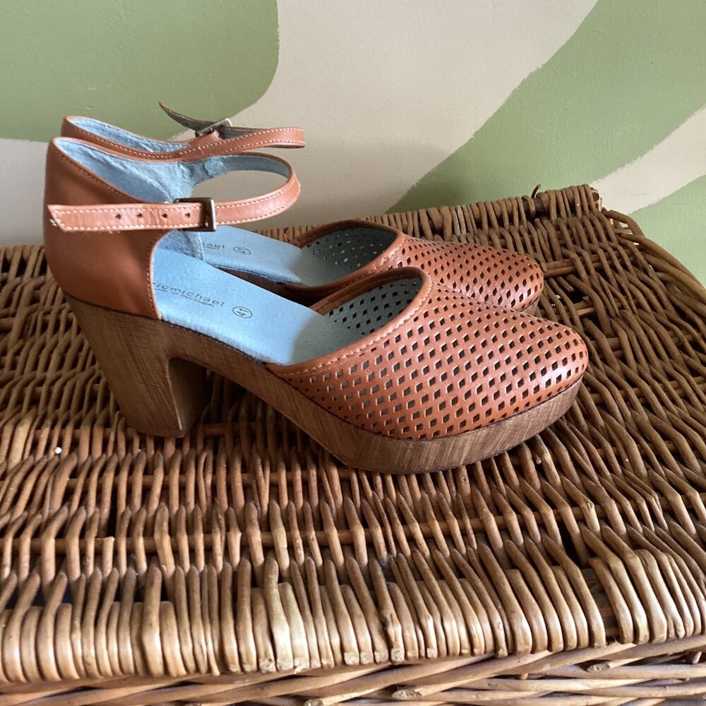 Eric Michael Sadie Mary Jane Block Heel Perforated Leather Clogs
